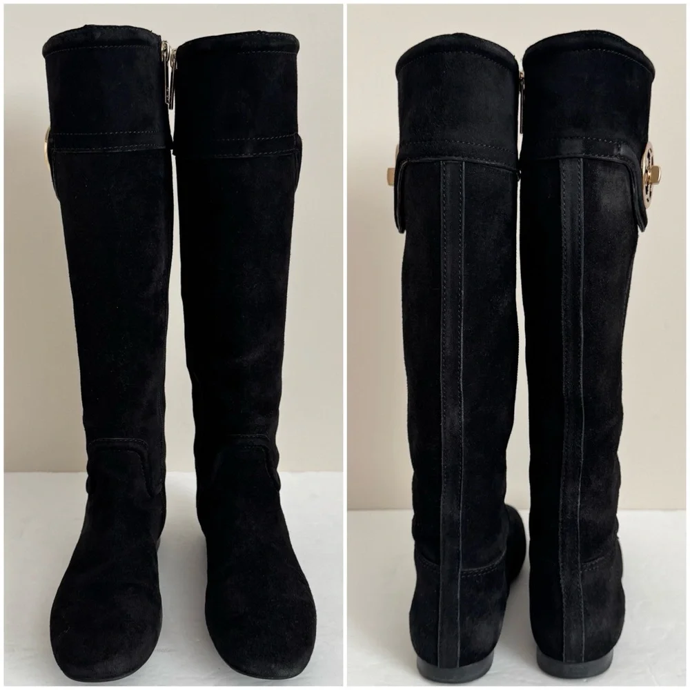 TORY BURCH Selma Black Suede Logo Riding Tall Boot Knee High size 5